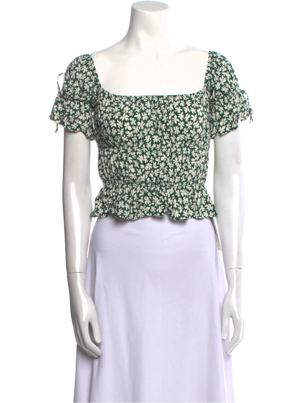Reformation Green Daisy Square-Neck Smocked Crop Top